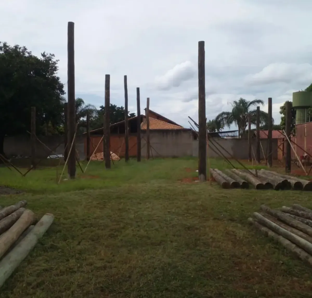 Postes de eucalipto tratado fincados no terreno para levantar uma estrutura